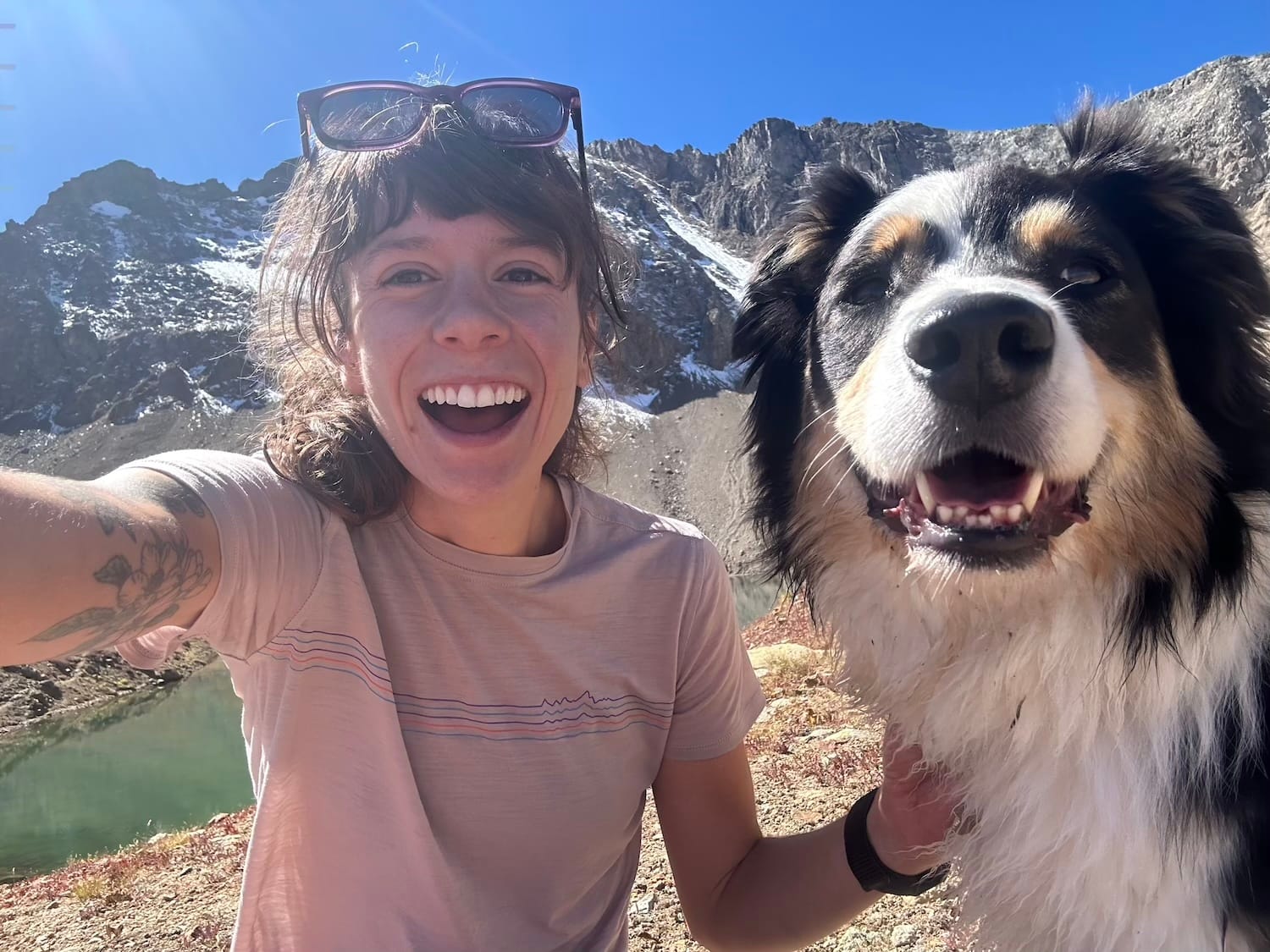 A woman smiling taking a selfie next to a big dog with mountains and blue sky in the background